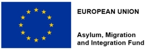 Das Logo des Asyl-, Migrations- und Integrationsfonds der Europäischen Union, das aus der Die Flagge der Europäischen Union